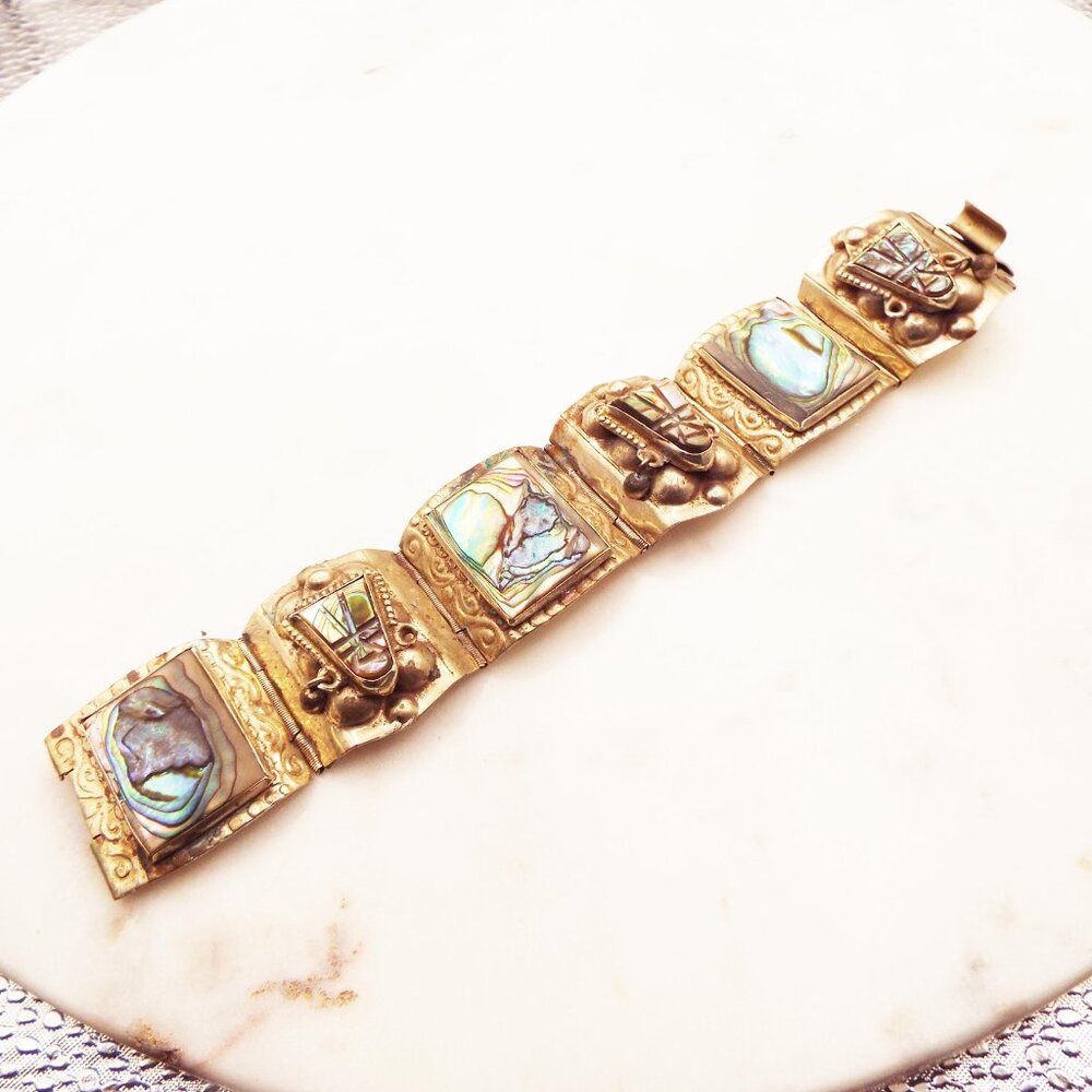 HECHO EN MEXICO - EAGLE HEAD DFS MAYAN AZTEC HEADS & INLAY ABALONE BRACELET 40A - Picture 2 of 6